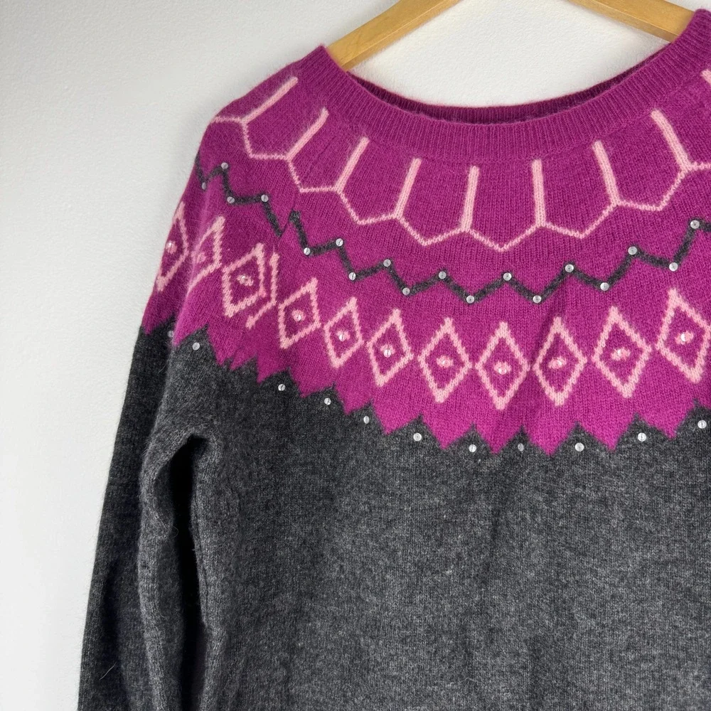 VTG! Context Wool Angora Blend Fair Isle Sequin Sweater Magenta Charcoal Gray XL